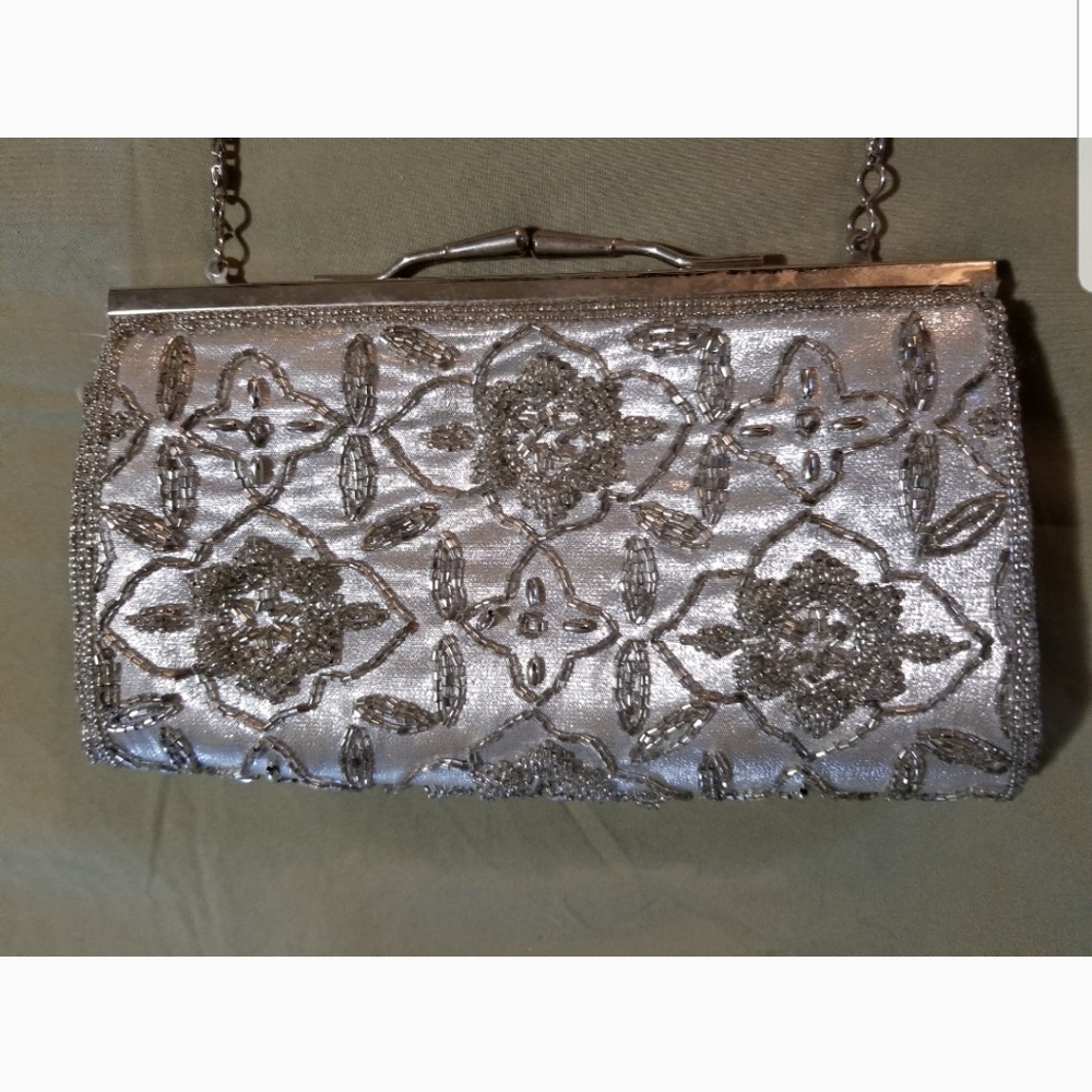 Silver convertable beaded crossbody evening bag